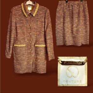 St John Couture Knit Suit Sz 14/16 Jacket Blazer Shimmer Gold Trim Luxury READ